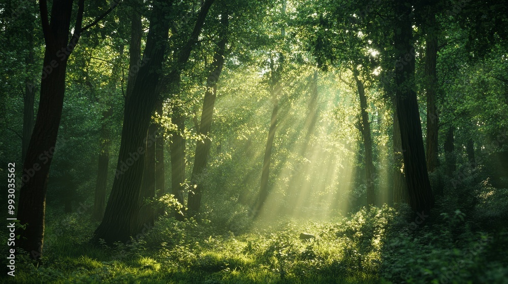 Obraz premium Sunbeams Through Forest Canopy, Sun Rays, Forest Light, Green Leaves, Lush Nature ,forest, sunlight