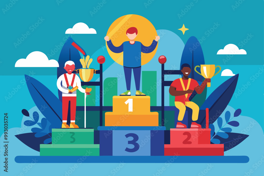 Three athletes stand proudly on a podium, celebrating their achievements with medals during a Paralympic event, Customizable flat illustration of Paralympic boccia