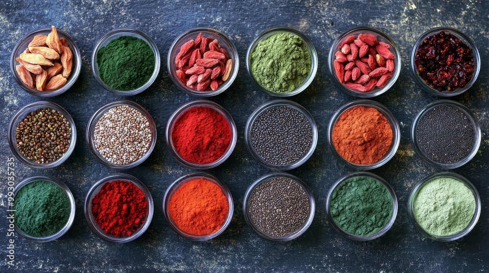 Superfood Collection A Colorful Array of Powdered Greens, Seeds, and Berries in Glass Bowls, superfood, healthy eating