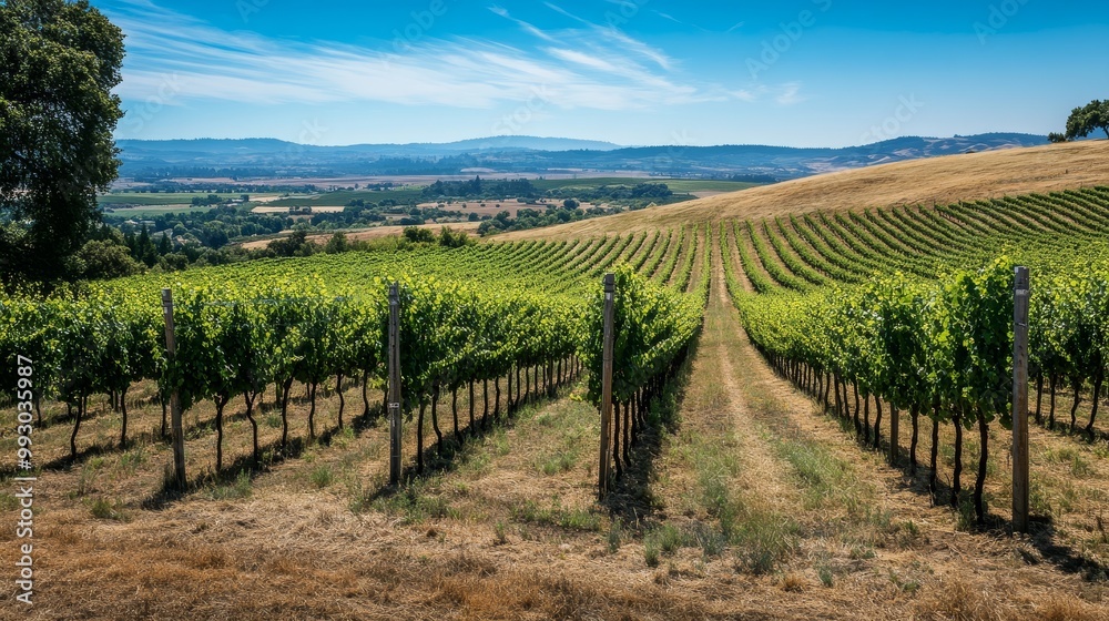 Vineyard Rows Under Sunny Skies, Wine Country Landscape, Wine Growing Vineyard Rows Under Sunny Skies, Wine Country Landscape, Wine Growing