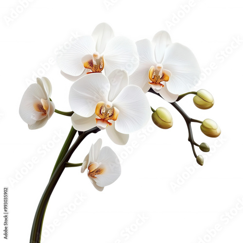 White orchid flowers on a green stem, isolated on transparent or white background