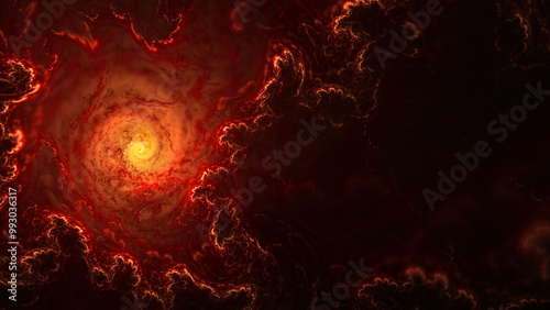 Fiery storm, vortex, explosion or nebula. Abstract fractal art background with copy space.