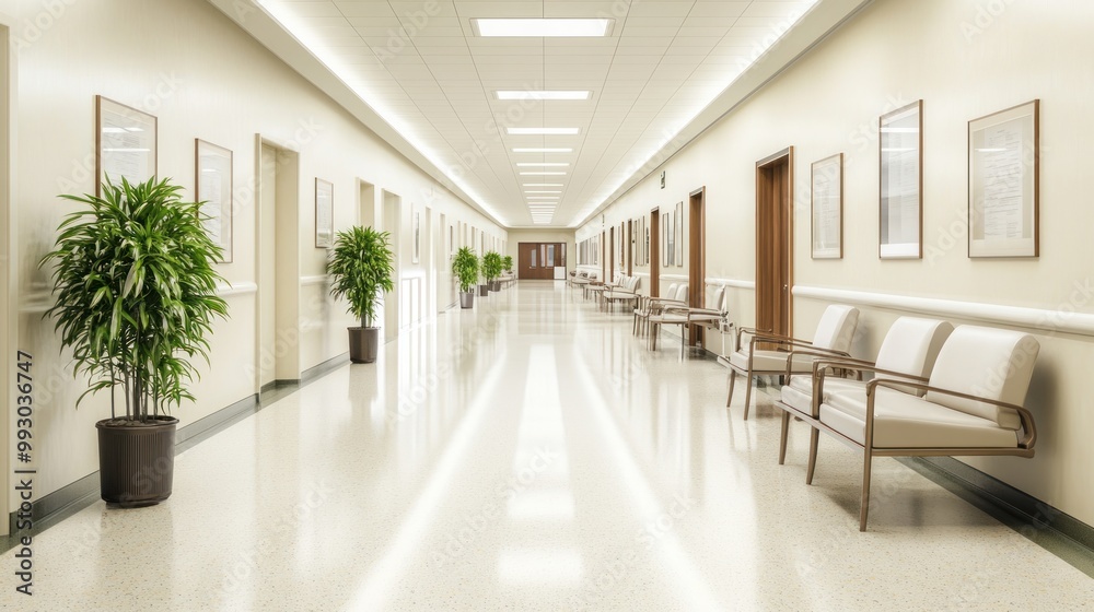 A clean and bright hospital corridor with seating and plants, designed for patient comfort. A clean and bright hospital corridor with seating and plants, designed for patient comfort.