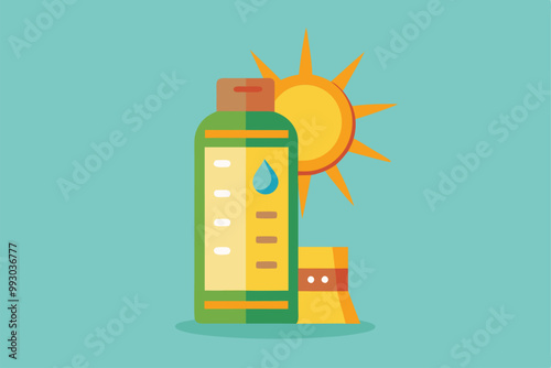 A vibrant sunscreen bottle with a sun in the background, perfect for summer skincare themes, Customizable semi-flat illustration of sunscreen.
