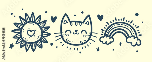 Cute Doodle Collection Vector Illustration: Sun, Cat, and Rainbow wiyh Hearts and Stars