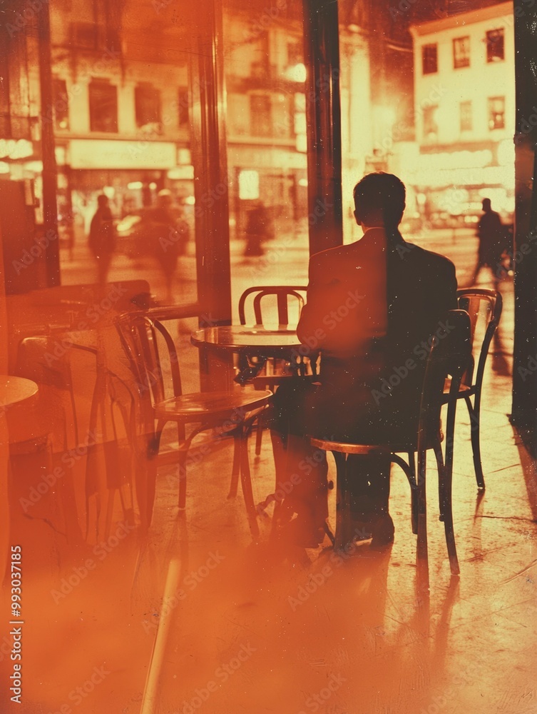 Solitary Figure in a Cafe, Looking Out at the City Lights Solitary Figure in a Cafe, Looking Out at the City Lights