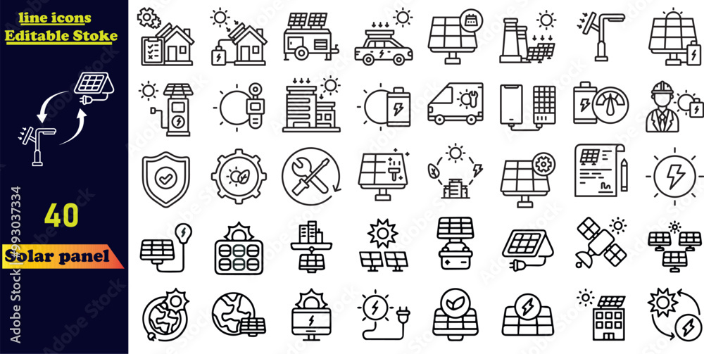 custom made wallpaper toronto digitalSolar panel stroke icon set featuring sun-powered home systems and renewable electric energy technology. Includes editable line icons such as house, solar cell, battery, and electric vehicle.