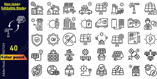 Solar panel stroke icon set featuring sun-powered home systems and renewable electric energy technology. Includes editable line icons such as house, solar cell, battery, and electric vehicle.