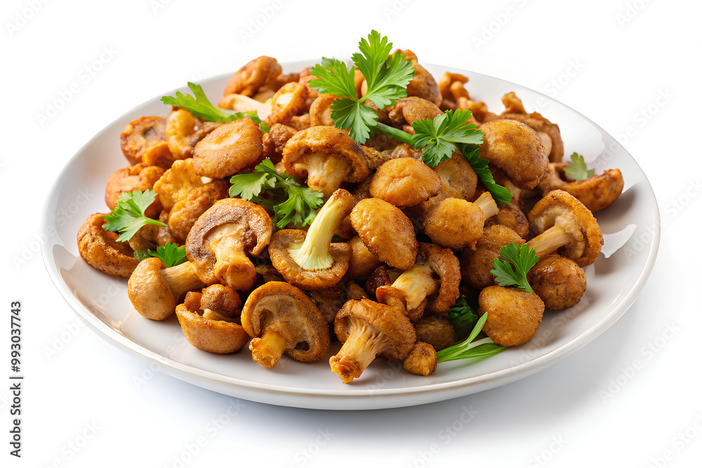 Crispy Mushroom fried on white plate. Vegetable food, Vegetarian food festival concept. Isolated on white background. Clipping path Crispy Mushroom fried on white plate. Vegetable food, Vegetarian food festival concept. Isolated on white background. Clipping path