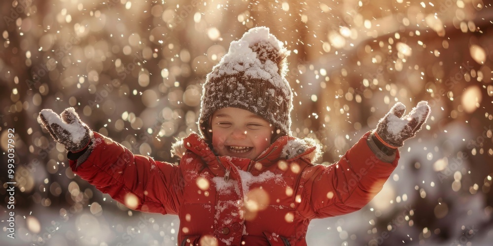 A young child is standing in the snow, wearing a red coat and a hat