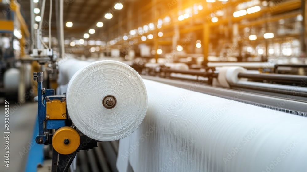 Fototapeta premium A textile manufacturing facility with machinery producing fabric rolls.