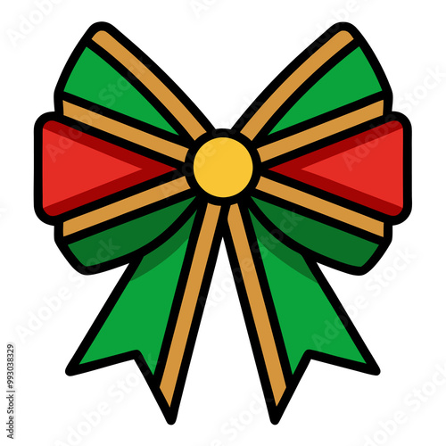 A red and green Christmas bow with a red center on white