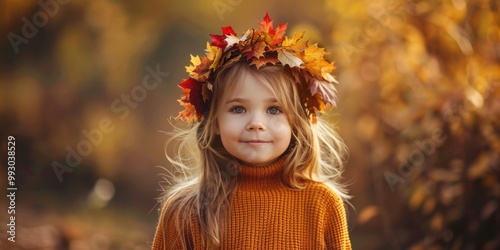 A young girl wearing a leafy headband and a yellow sweater