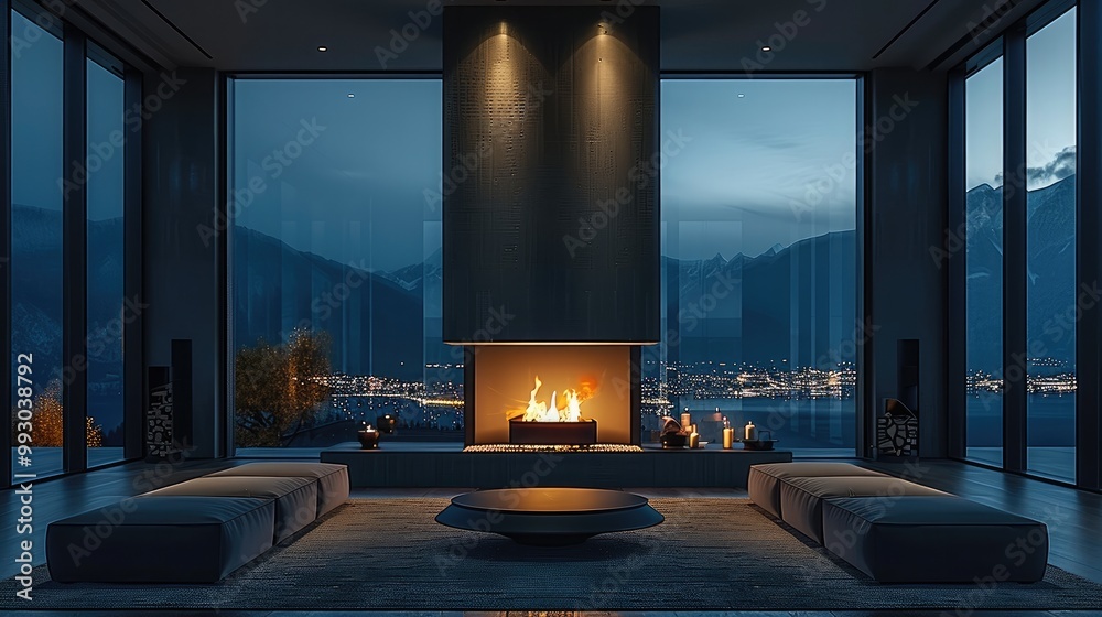 Dark room at night, floor-to-ceiling windows, an open fireplace in the middle, modern minimalist decoration. Generative AI.