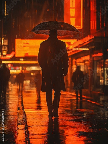 A lone figure walks under an umbrella in a city street during a nighttime downpour. photo