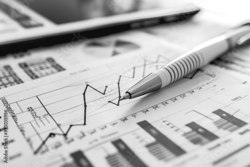 Business Charts and Financial Analysis with Pen and Laptop on Desk