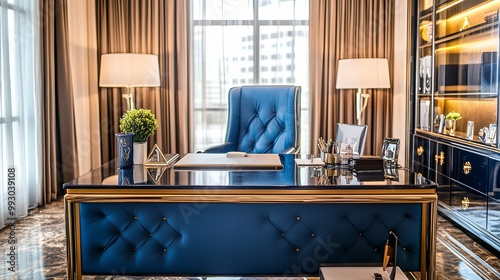 Modern Office Desk with Blue Chair and Gold Accents