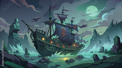 Print Cursed Pirate Ship Lost at Sea Halloween Background Vector Illustration for Spooky and Haunted Designs