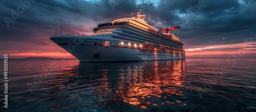 A sleek cruise ship illuminated by the warm glow of a setting sun, with a calm ocean reflecting the vibrant sky above.