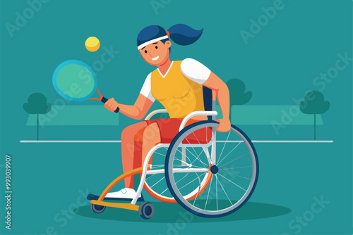 A person in a wheelchair skillfully plays tennis outdoors, showing determination and athleticism, Customizable semi-flat illustration of wheelchair fencing.