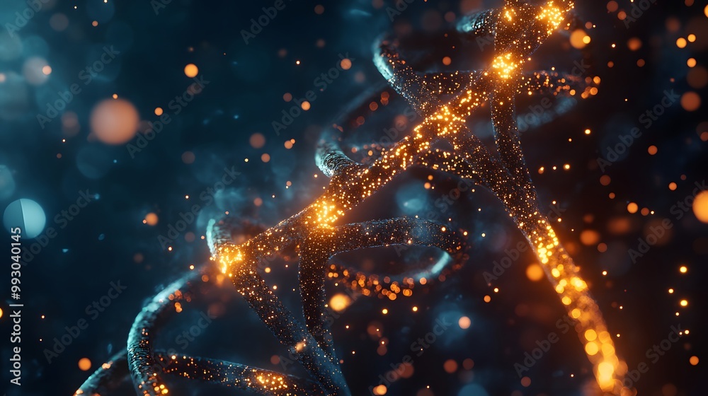 A Close-Up View of a DNA Double Helix with Glowing Particles A Close-Up View of a DNA Double Helix with Glowing Particles