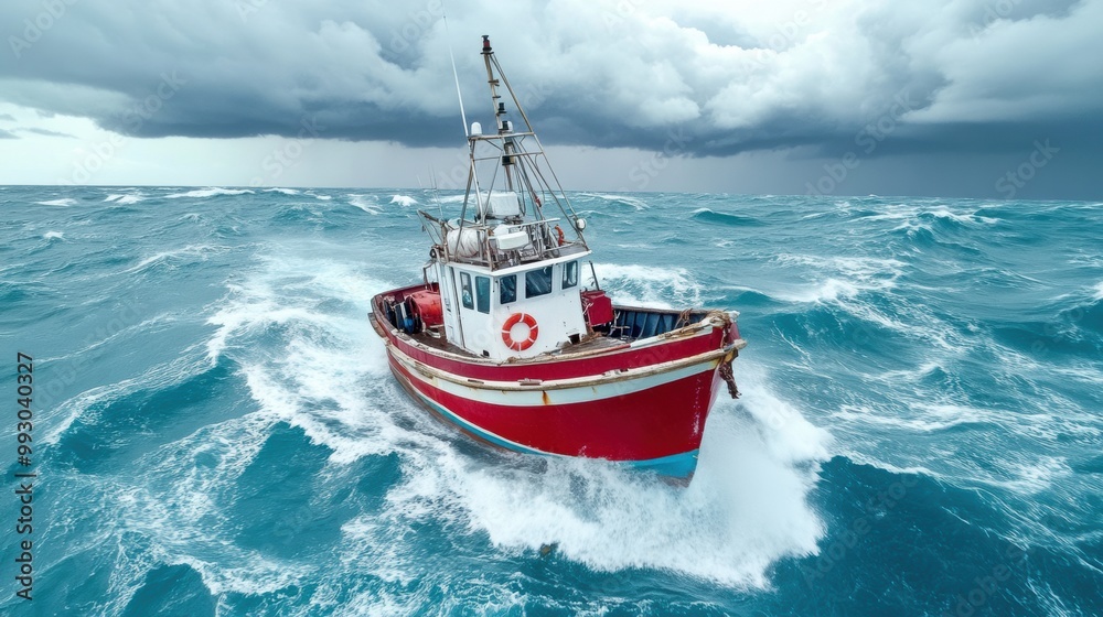 Naklejka premium Fishing Boat Braving Stormy Seas in Turbulent Waters
