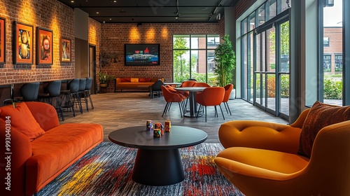 Modern Lounge Area with Orange Seating and Brick Wall