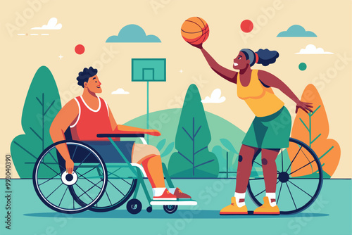 A woman shoots hoops while a man in a wheelchair watches. They are enjoying a game in a vibrant park, Customizable semi-flat illustration of wheelchair fencing.