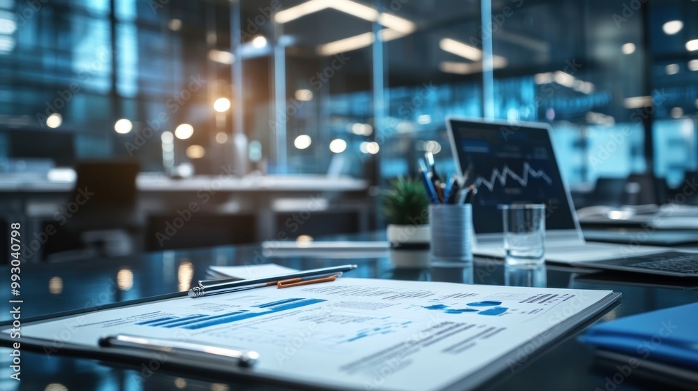 A modern office workspace featuring charts, a laptop, and stationery for business analysis.