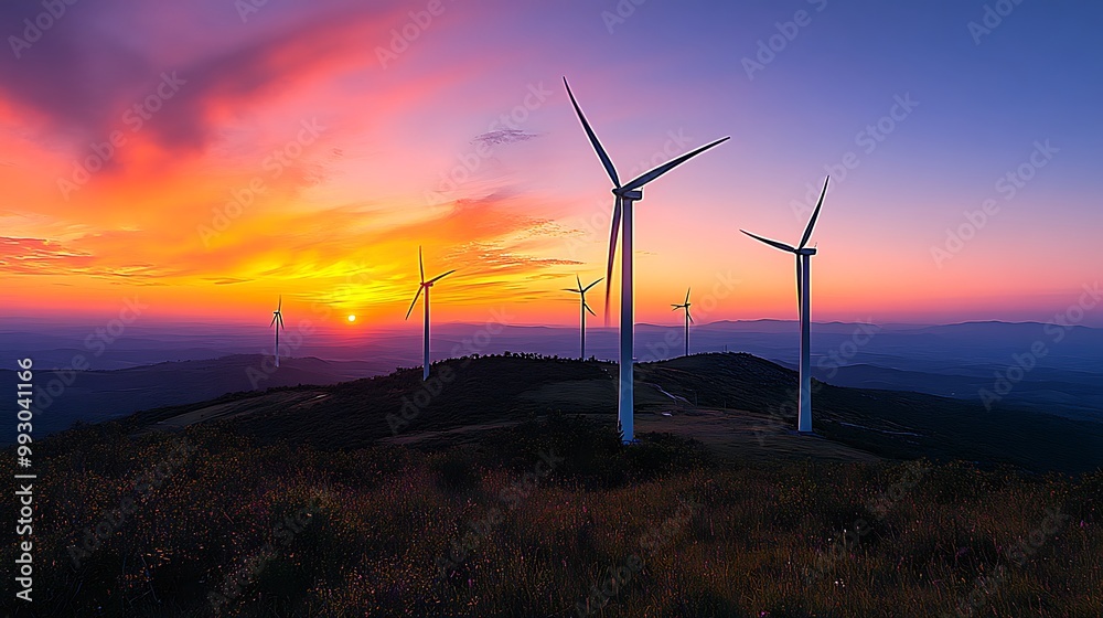 Obraz premium A peaceful evening with wind turbines turning slowly on a hill, silhouetted against the rich colors of a sunset sky, blending hues of orange, pink, and purple across the horizon.