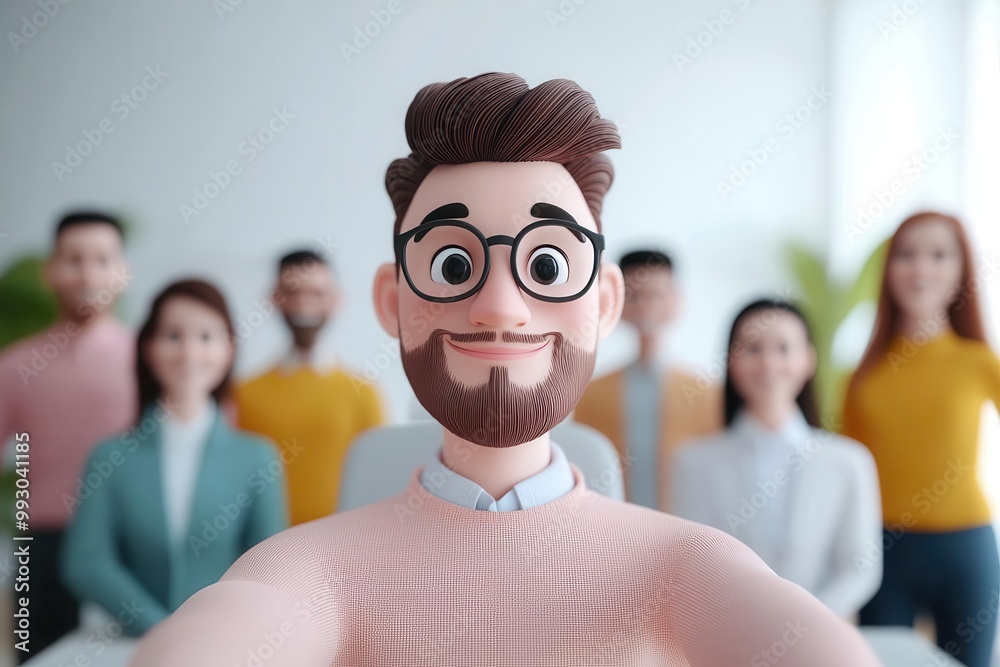 Business team selfie, modern conference room, 3D cartoon style, positive expressions, teamwork and collaboration, bright and colorful, 3D illustration Business team selfie, modern conference room, 3D cartoon style, positive expressions, teamwork and collaboration, bright and colorful, 3D illustration