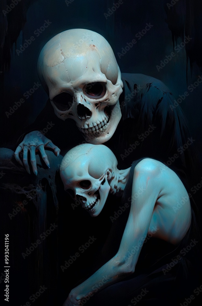 Surreal painting illustration with two hugging dead souls skulls skeletons. Sense of loss, heartbreaking, depressive, gloomy, sadness concept artwork. Dark blue and black color palette gothic art. Surreal painting illustration with two hugging dead souls skulls skeletons. Sense of loss, heartbreaking, depressive, gloomy, sadness concept artwork. Dark blue and black color palette gothic art.