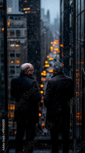 Two Silhouettes Looking Out Window During Snowy City Night