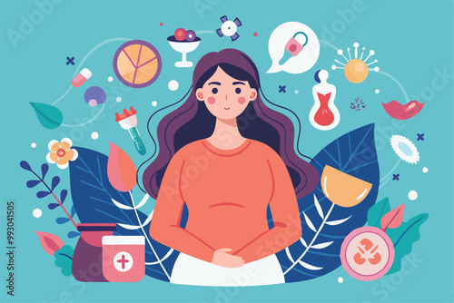 A woman in a cozy setting reflects on wellness, surrounded by health-related illustrations and nature, Customizable semi flat illustration of woman infertility.