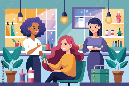 A vibrant illustration of women engaging in a hair salon's makeover process, highlighting creative collaboration, Customizable semi flat illustration of women in a hair salon.