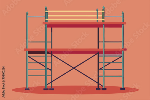 A scaffold with two levels stands ready in an indoor environment, ideal for various construction tasks, Customizable semi-flat illustration on scaffold.