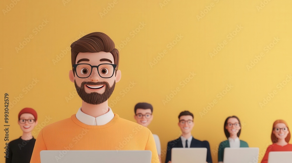 Office selfie, team working on laptops, 3D cartoon style, modern workspace, tech-driven environment, cheerful expressions, 3D illustration Office selfie, team working on laptops, 3D cartoon style, modern workspace, tech-driven environment, cheerful expressions, 3D illustration