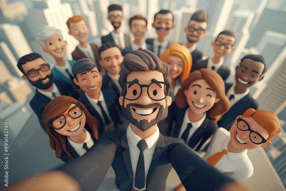 Smiling corporate team selfie, rooftop office setting, 3D cartoon style, cityscape background, vibrant and energetic, 3D illustration Smiling corporate team selfie, rooftop office setting, 3D cartoon style, cityscape background, vibrant and energetic, 3D illustration
