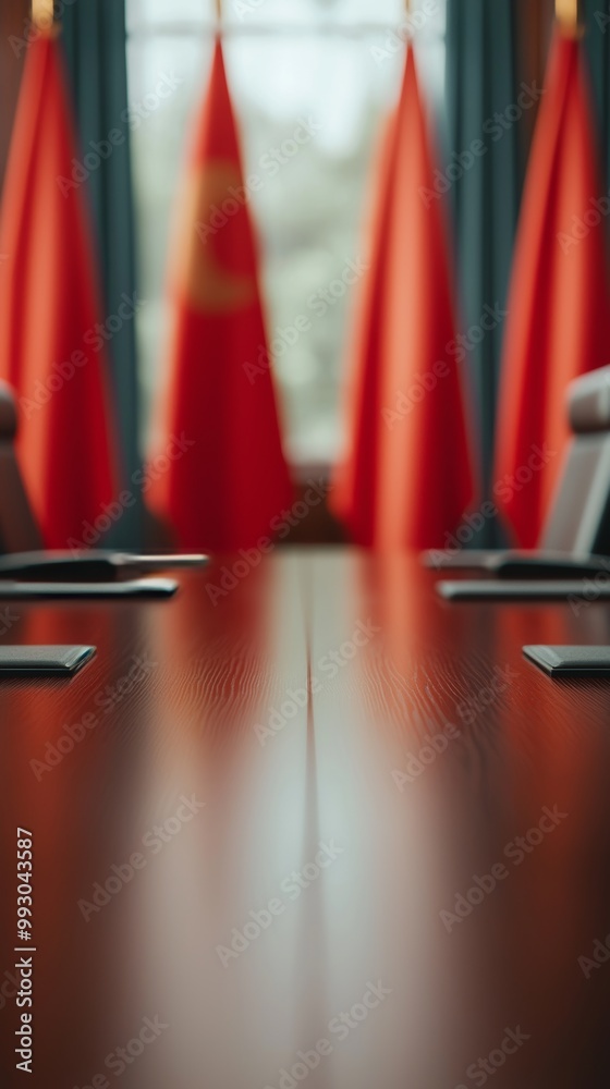 Empty Conference Table with Red Flags in Background Empty Conference Table with Red Flags in Background