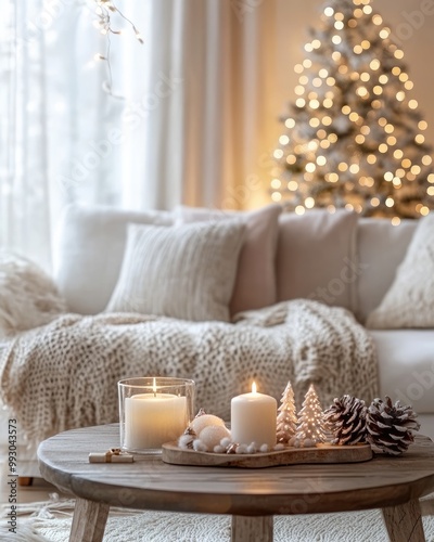 Modern Christmas Interior with Soft Candlelight and Festive Lights