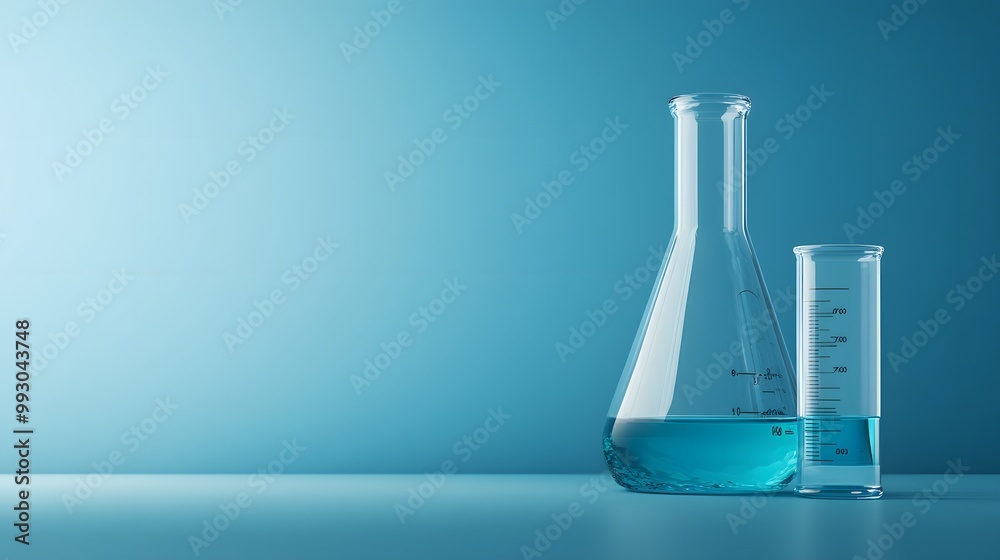 Two Glass Flasks Containing Blue Liquid on a Blue Background Two Glass Flasks Containing Blue Liquid on a Blue Background