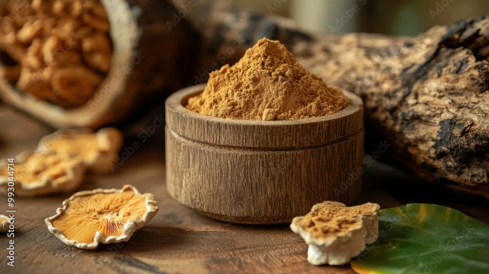 Fototapeta premium Dried Chaga and Lion's Mane Mushroom Powders