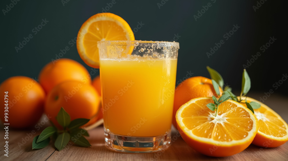 A glass of freshly squeezed orange juice sits on a wooden table, accompanied by whole and halved oranges. The vibrant yellow juice contrasts beautifully with the fruit A glass of freshly squeezed orange juice sits on a wooden table, accompanied by whole and halved oranges. The vibrant yellow juice contrasts beautifully with the fruit
