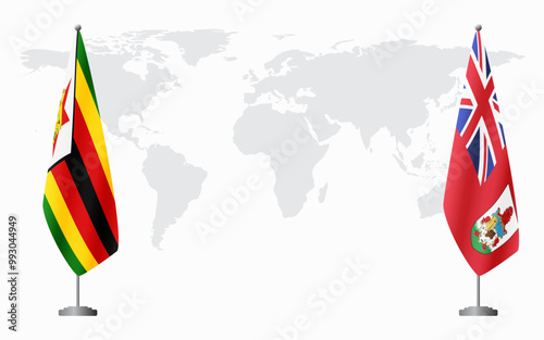 Zimbabwe and Bermuda flags for official meeting against background of world map.
