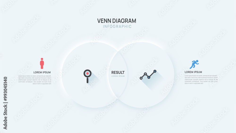 Infographic neumorphism Venn diagram chart template for business start up presentation vector illustration.