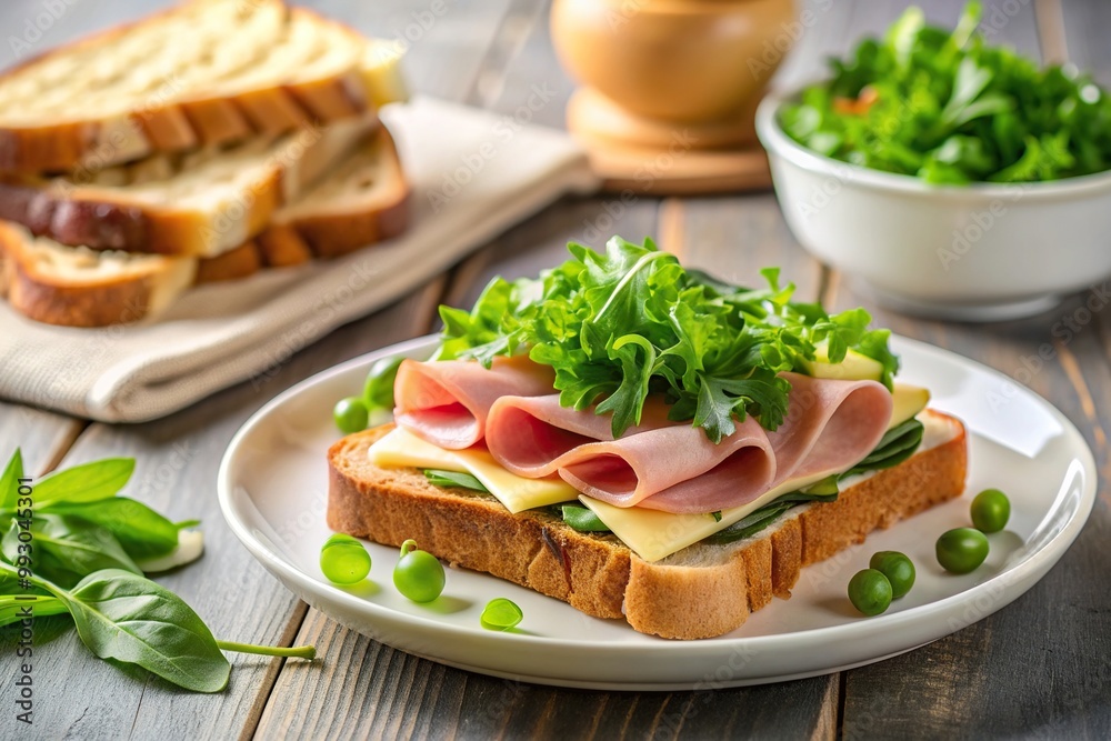 Toast with ham and cheese on a white plate paired with a bowl of fresh greens, food,toast, deli, sandwich, melted, snack, meal, ham, greens, cheese, gourmet, breakfast, appetizing Toast with ham and cheese on a white plate paired with a bowl of fresh greens, food,toast, deli, sandwich, melted, snack, meal, ham, greens, cheese, gourmet, breakfast, appetizing