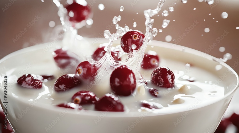 Dried Cranberries Causing Splashes in Creamy Bowl Dried Cranberries Causing Splashes in Creamy Bowl