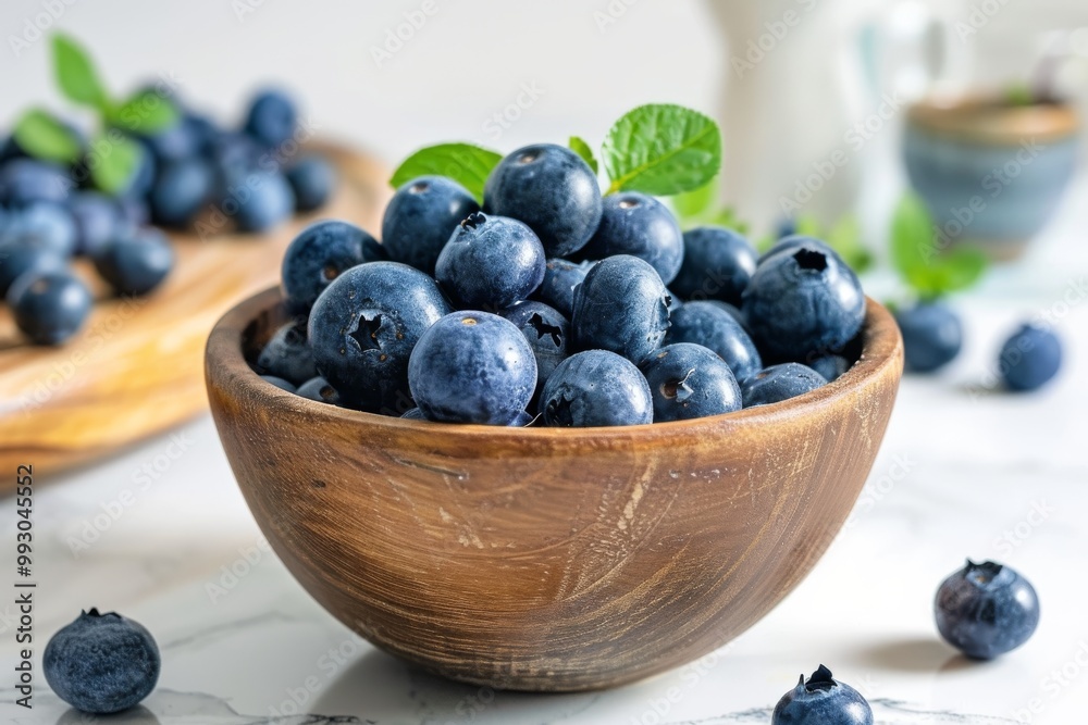 Fresh blueberries in a wooden bowl with green leaves arranged on a marble surface Fresh blueberries in a wooden bowl with green leaves arranged on a marble surface