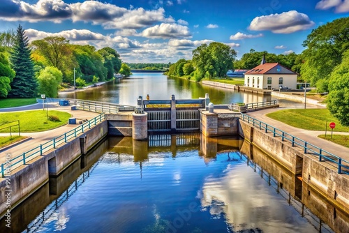 summer, engineering, navigation, water lock, metal, flowing water, tourism, view, landmark, structure, nature, Panoramic view of Lock Number Four on Fox River in Appleton Wisconsin photo