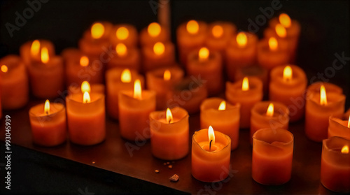 Primo piano di candele votive accese, che creano un'atmosfera intima e spirituale con la loro luce calda photo